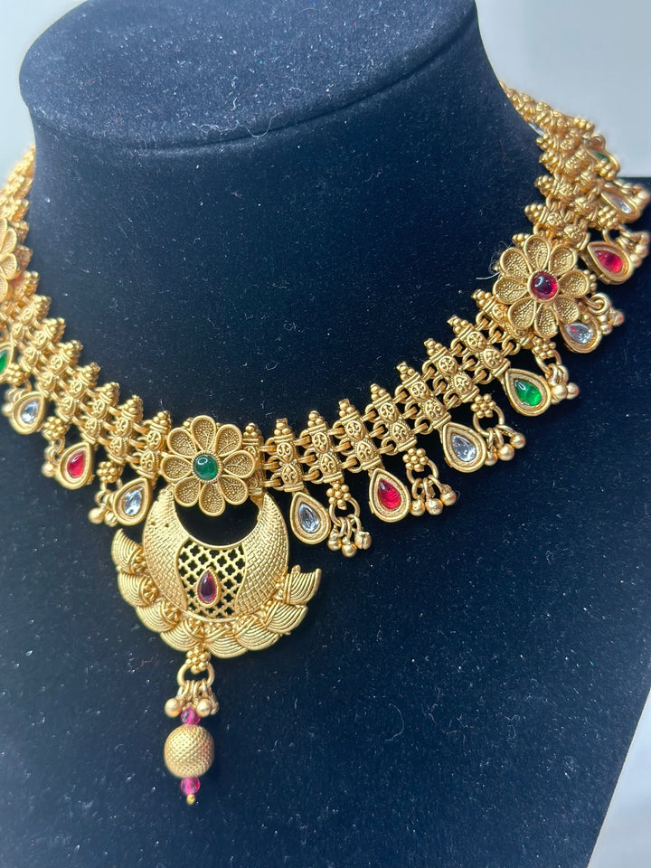 Indian Multi Color Gold Kundan Jewelry Set Bollywood Necklace Earring Set Ethnic Gold Plated Indian Wedding Jewelry Necklace Set