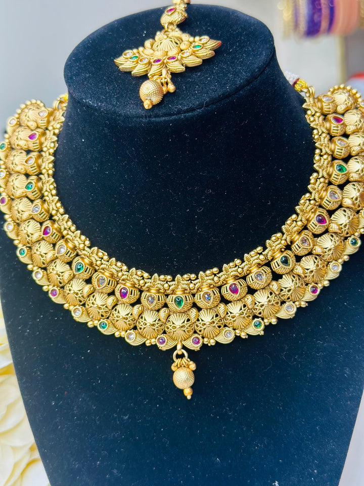 Indian Multi Color Gold Kundan Jewelry Set Bollywood Necklace Earring Tikka Set Ethnic Gold Plated Indian Wedding Jewelry Necklace Set