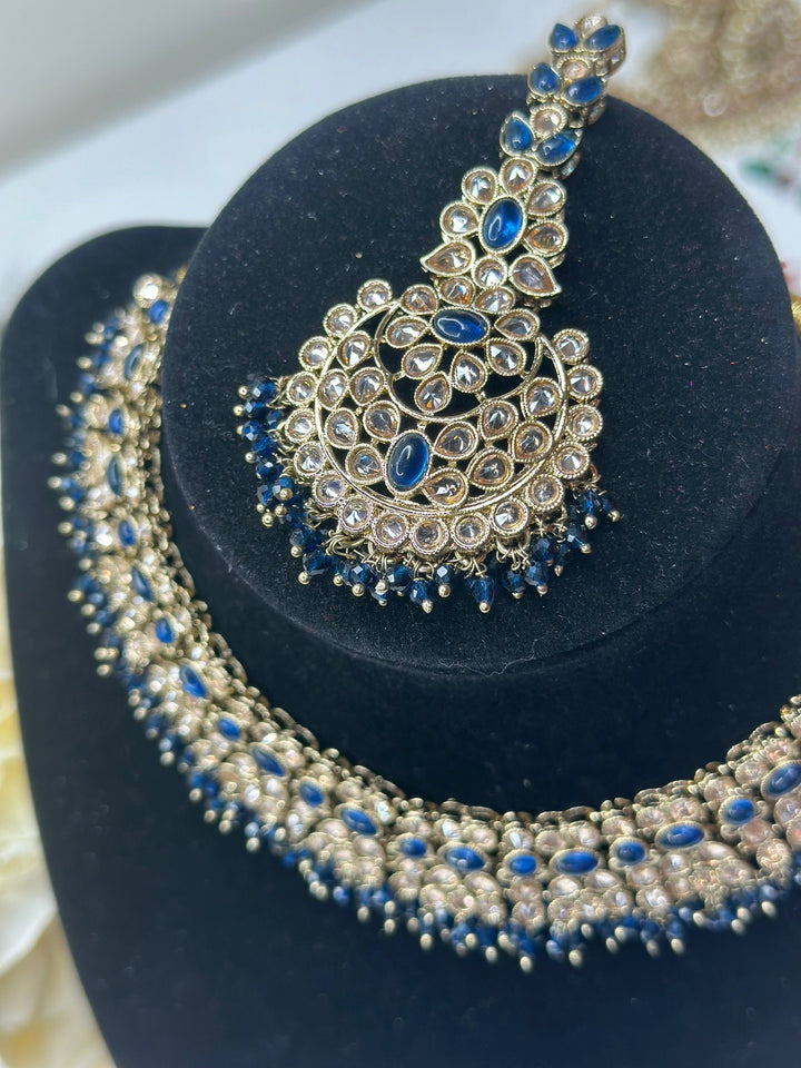 Izhaar Indian Polki Reverse AD Blue Color Necklace with Earrings Tikka / Wedding Jewelry/ Traditional Jewelry/Wedding set/Reverse AD.