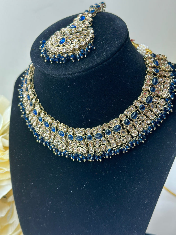 Izhaar Indian Polki Reverse AD Blue Color Necklace with Earrings Tikka / Wedding Jewelry/ Traditional Jewelry/Wedding set/Reverse AD.