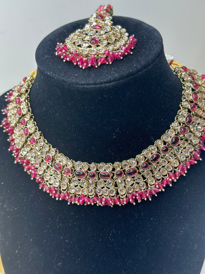Izhaar Indian Polki Reverse AD Pink Color Necklace with Earrings Tikka / Wedding Jewelry/ Traditional Jewelry/Wedding set/Reverse AD.