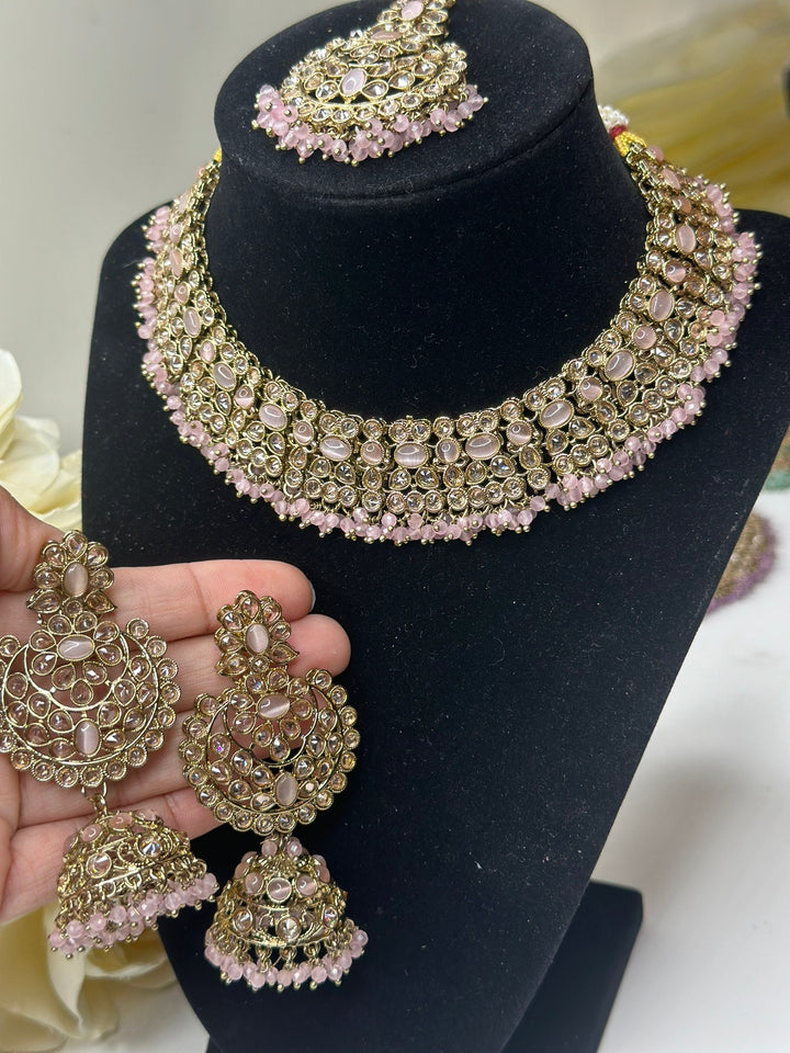 Izhaar Indian Polki Reverse AD B. Pink Color Necklace with Earrings Tikka / Wedding Jewelry/ Traditional Jewelry/Wedding set/Reverse AD.