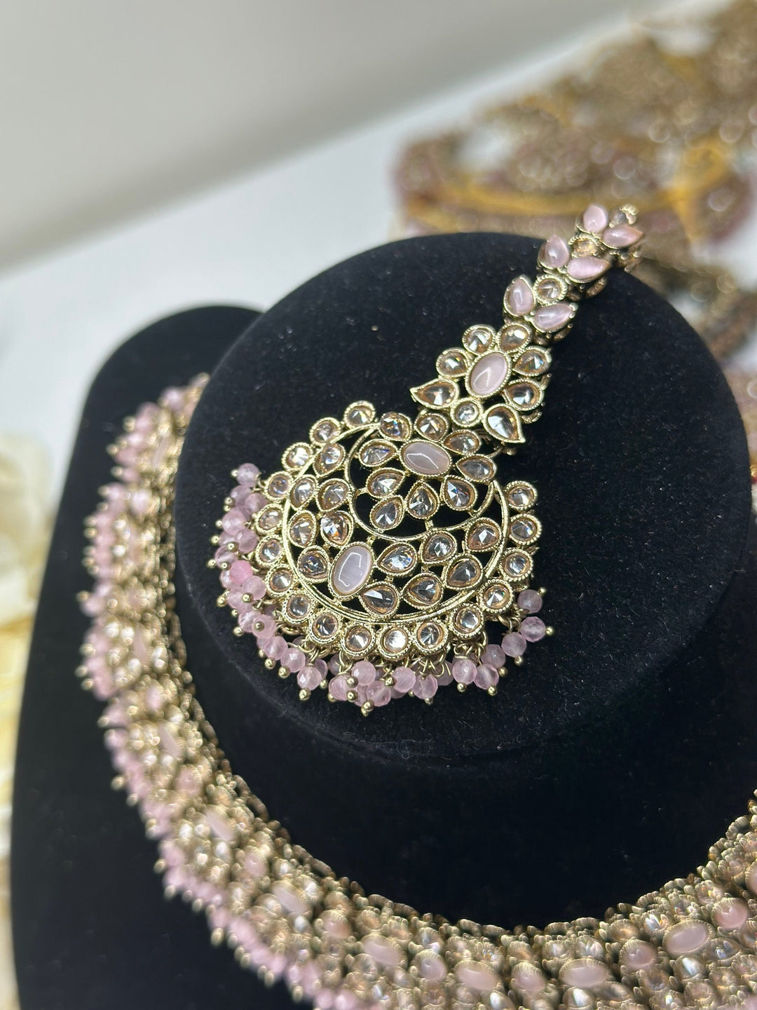 Izhaar Indian Polki Reverse AD B. Pink Color Necklace with Earrings Tikka / Wedding Jewelry/ Traditional Jewelry/Wedding set/Reverse AD.