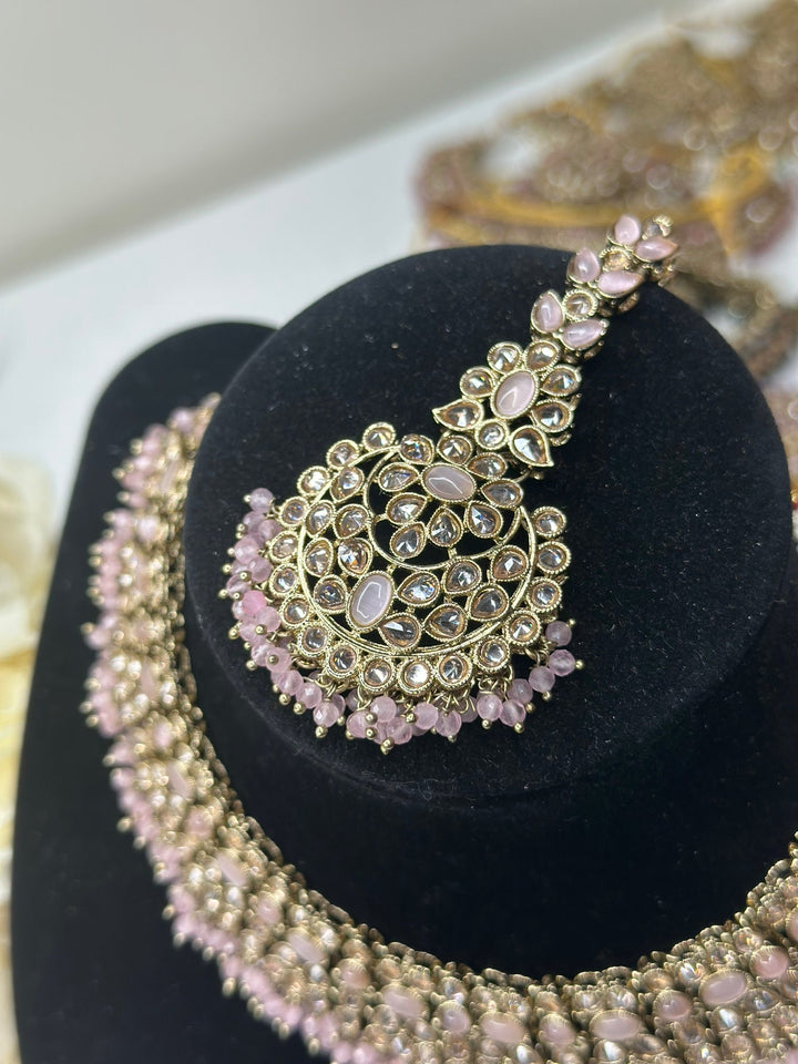 Izhaar Indian Polki Reverse AD B. Pink Color Necklace with Earrings Tikka / Wedding Jewelry/ Traditional Jewelry/Wedding set/Reverse AD.