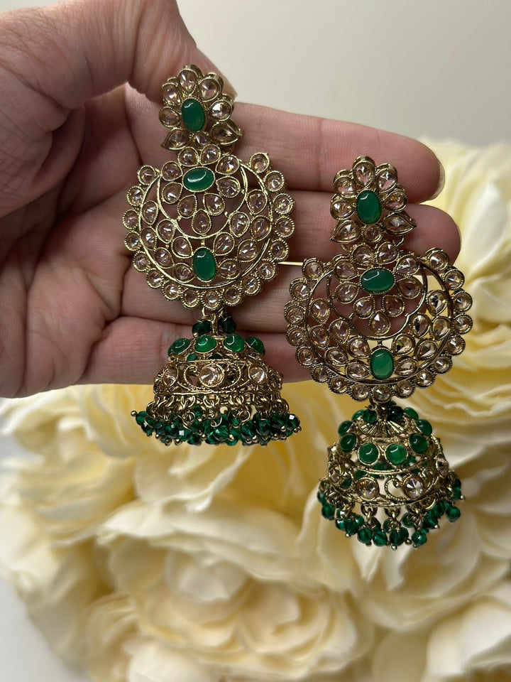 Izhaar Indian Polki Reverse AD Green Color Necklace with Earrings Tikka / Wedding Jewelry/ Traditional Jewelry/Wedding set/Reverse AD.