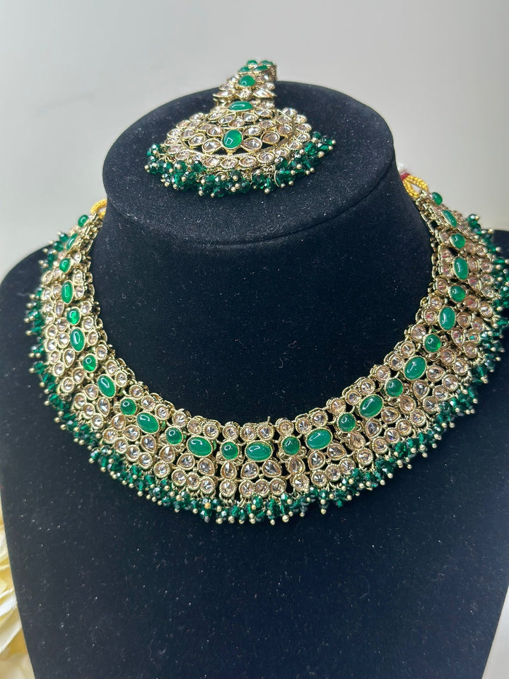 Izhaar Indian Polki Reverse AD Green Color Necklace with Earrings Tikka / Wedding Jewelry/ Traditional Jewelry/Wedding set/Reverse AD.