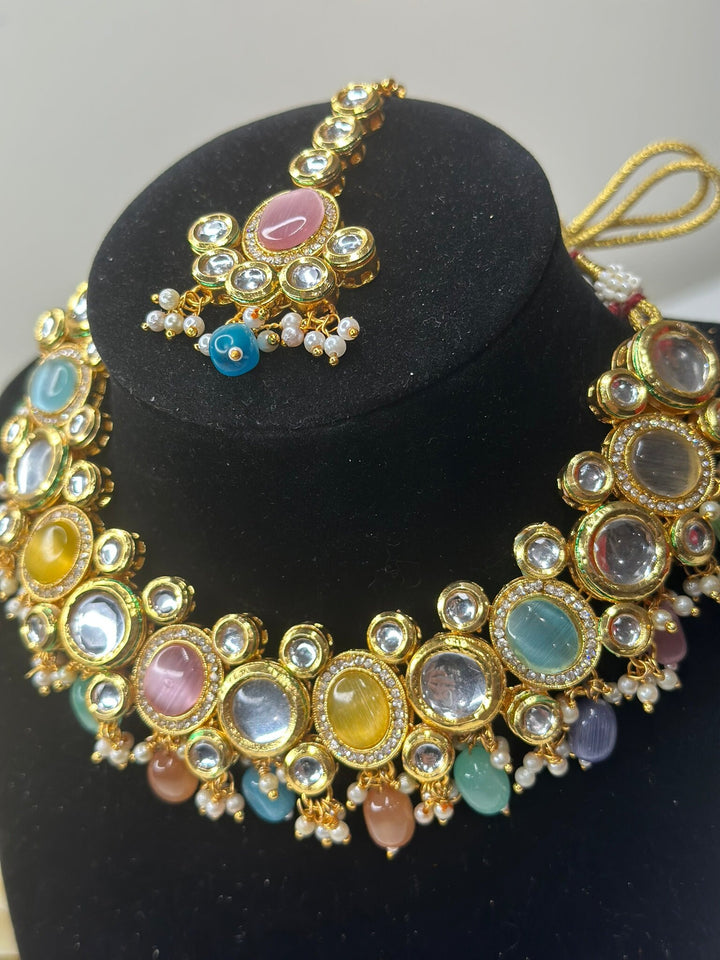 Izhaar Kundan Multi Color Premium necklace Set/ Necklace Earring Tikka Set Ethnic/Asian Wedding Jewelry.