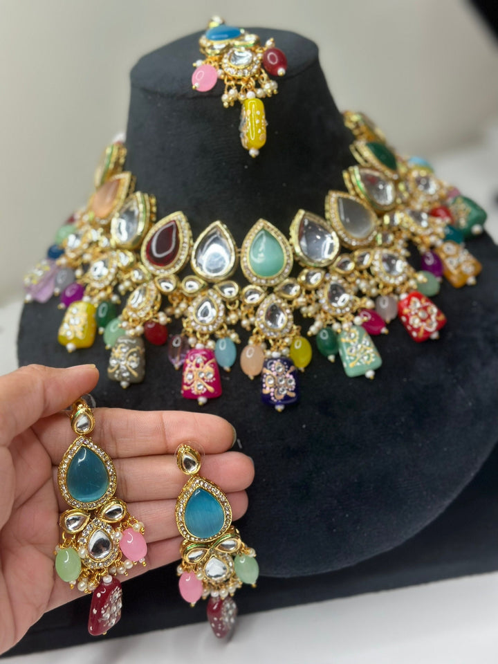 Izhaar Kundan Multi Color Premium necklace Set/ Necklace Earring Tikka Set Ethnic/Asian Wedding Jewelry.