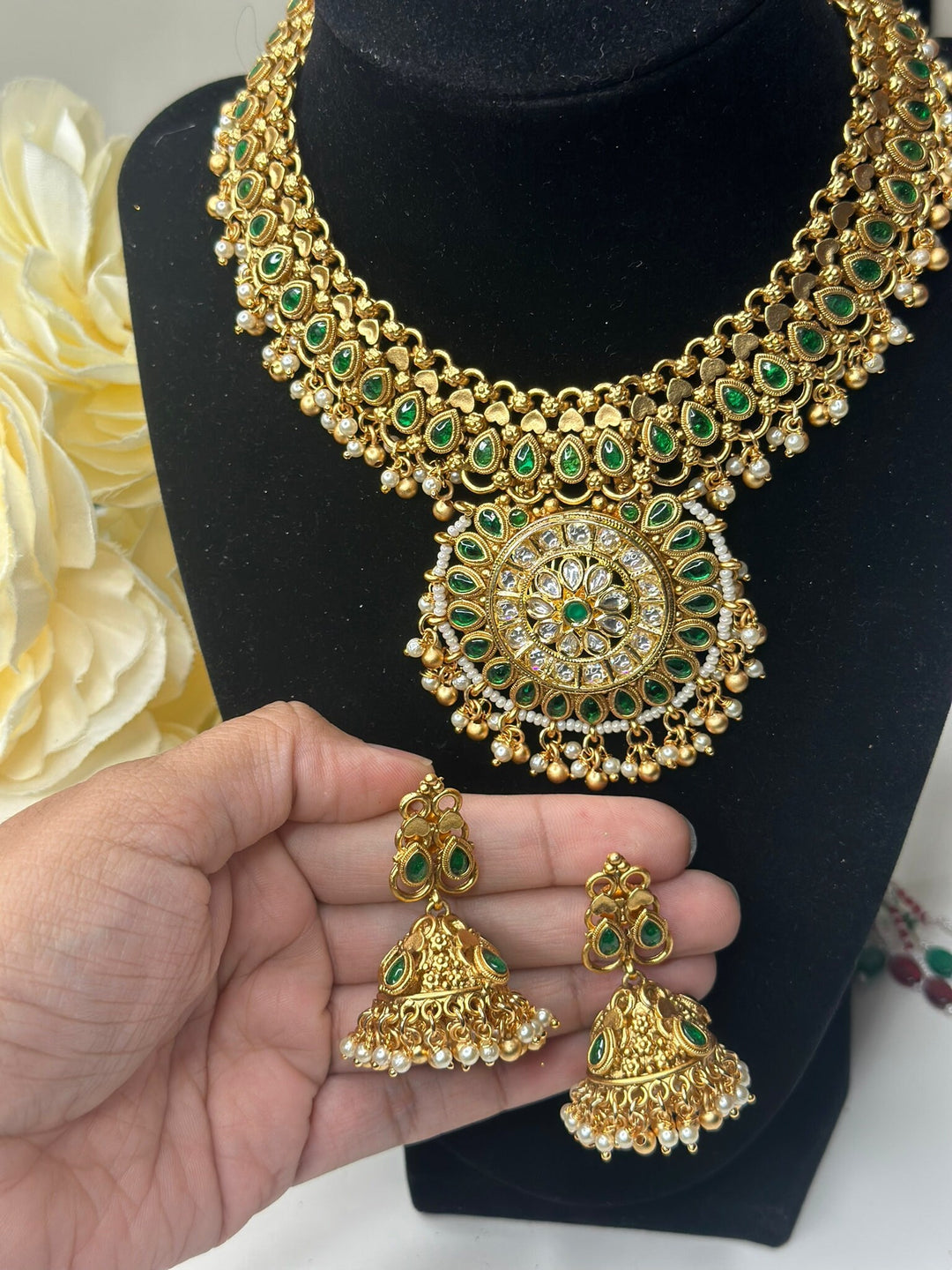 Indian Green Color Gold Kundan Jewelry Set Bollywood Necklace Earring Set Ethnic Gold Plated Indian Wedding Jewelry Necklace Set