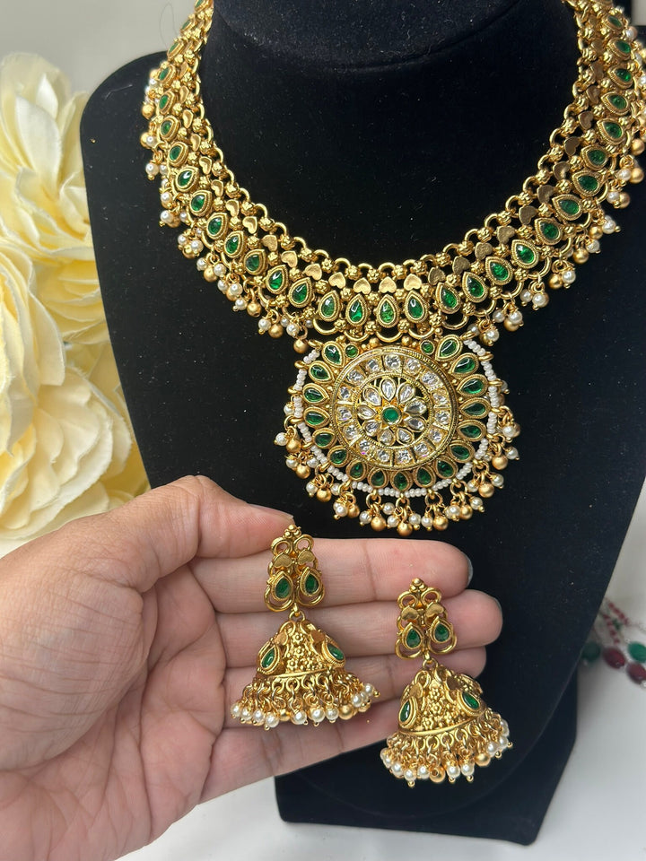Indian Green Color Gold Kundan Jewelry Set Bollywood Necklace Earring Set Ethnic Gold Plated Indian Wedding Jewelry Necklace Set