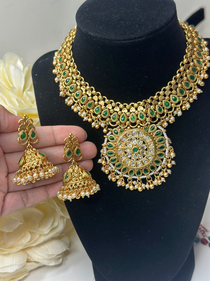 Indian Green Color Gold Kundan Jewelry Set Bollywood Necklace Earring Set Ethnic Gold Plated Indian Wedding Jewelry Necklace Set