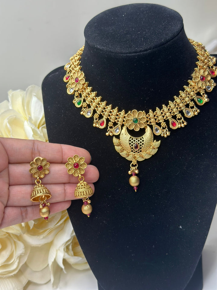 Indian Multi Color Gold Kundan Jewelry Set Bollywood Necklace Earring Set Ethnic Gold Plated Indian Wedding Jewelry Necklace Set