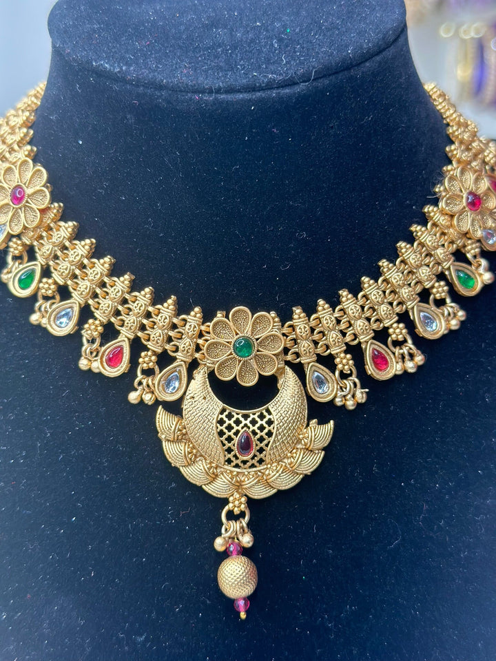 Indian Multi Color Gold Kundan Jewelry Set Bollywood Necklace Earring Set Ethnic Gold Plated Indian Wedding Jewelry Necklace Set
