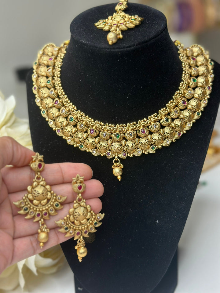 Indian Multi Color Gold Kundan Jewelry Set Bollywood Necklace Earring Tikka Set Ethnic Gold Plated Indian Wedding Jewelry Necklace Set