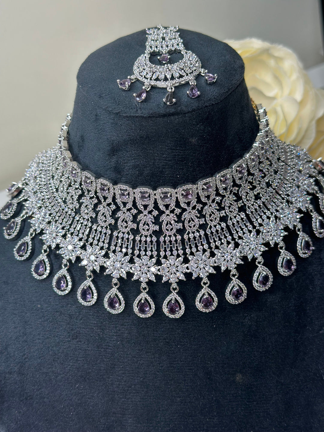 Jean CZ Silver Purple Necklace ADset025