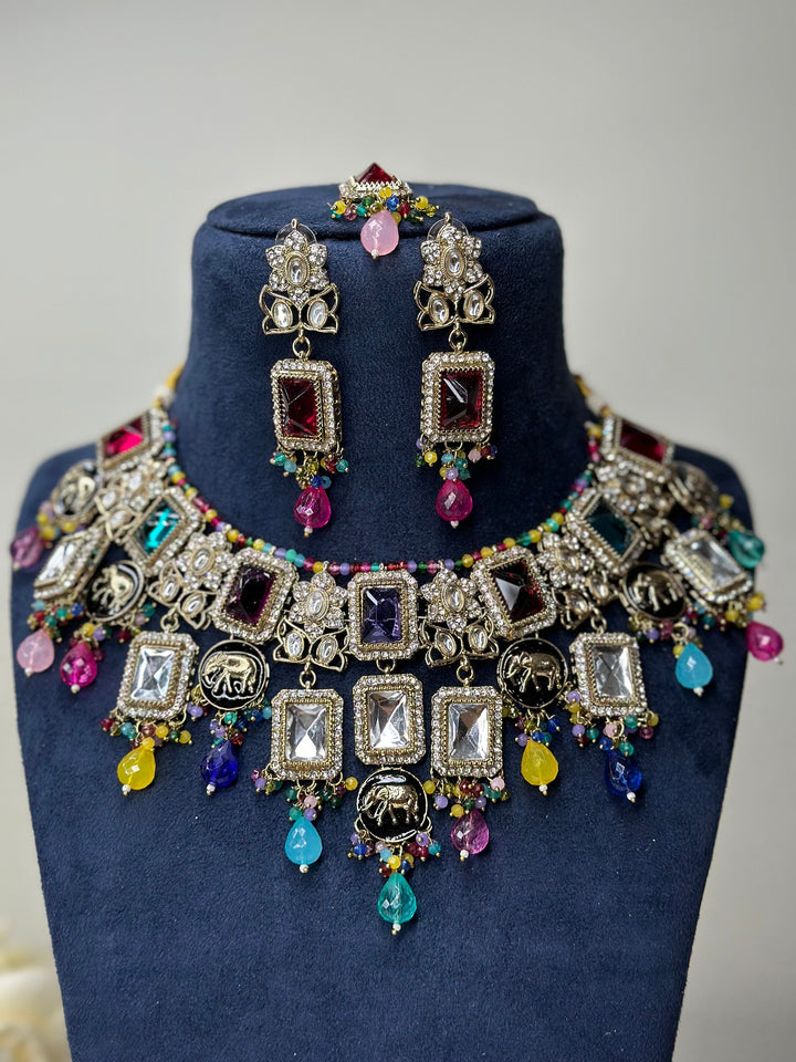 Izhaar Indian Polki Reverse AD L. Pink Color Necklace with Earrings Tikka / Wedding Jewelry/ Traditional Jewelry/Wedding set/Reverse Kavya