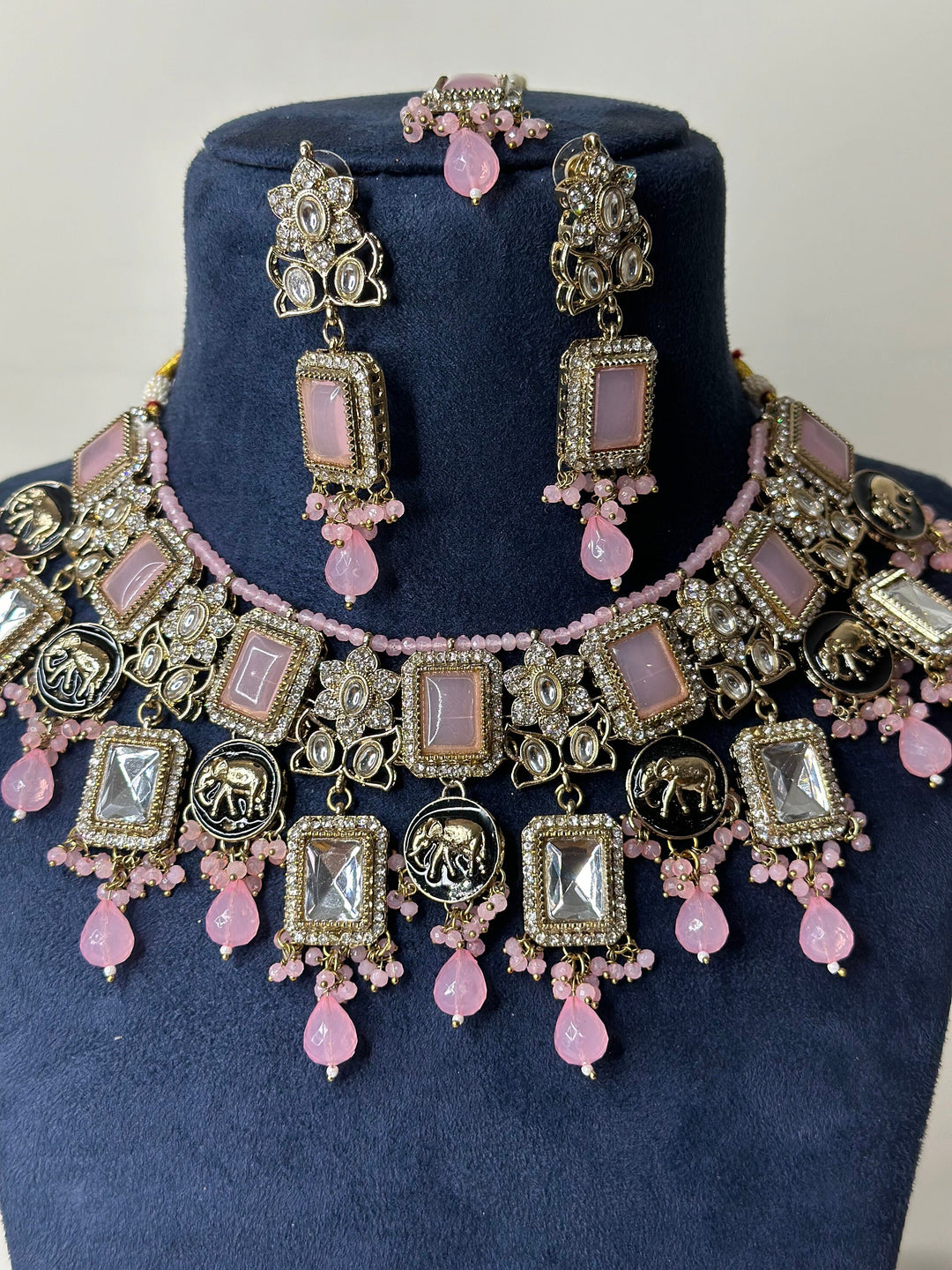 Izhaar Indian Polki Reverse AD L. Pink Color Necklace with Earrings Tikka / Wedding Jewelry/ Traditional Jewelry/Wedding set/Reverse Kavya