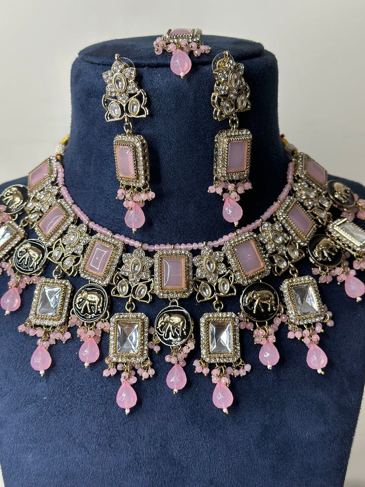 Izhaar Indian Polki Reverse AD L. Pink Color Necklace with Earrings Tikka / Wedding Jewelry/ Traditional Jewelry/Wedding set/Reverse Kavya