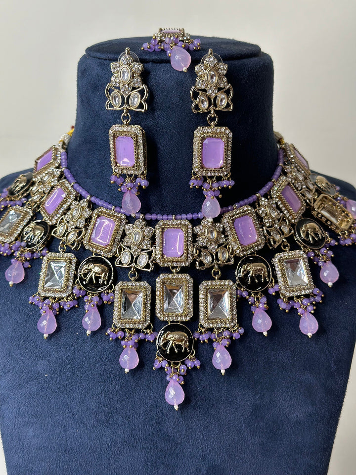 Izhaar Indian Polki Reverse AD L. Pink Color Necklace with Earrings Tikka / Wedding Jewelry/ Traditional Jewelry/Wedding set/Reverse Kavya