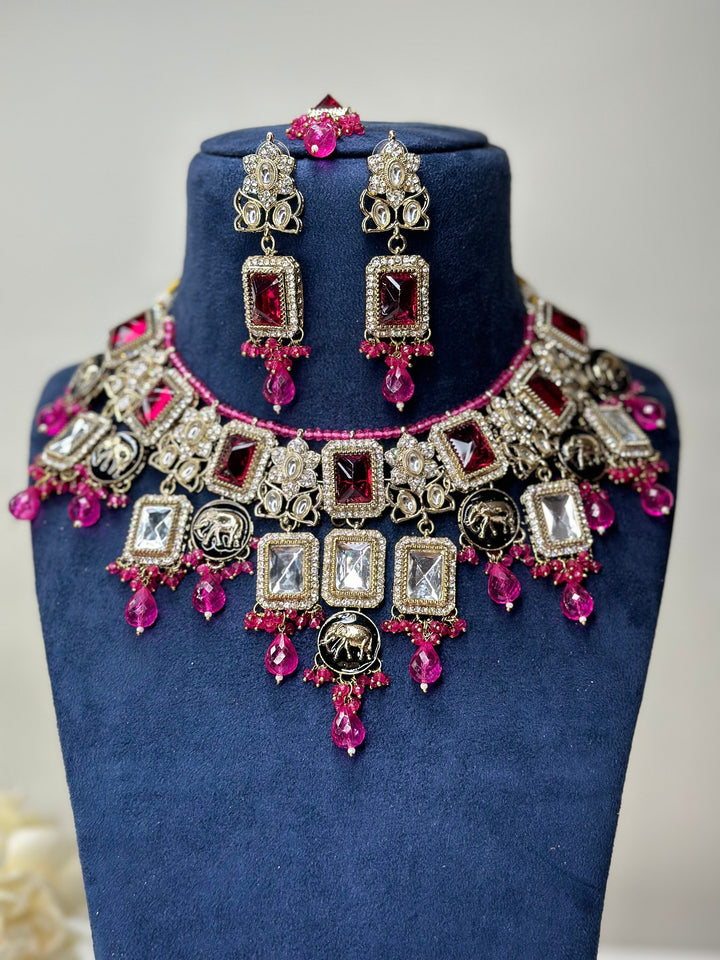 Izhaar Indian Polki Reverse AD L. Pink Color Necklace with Earrings Tikka / Wedding Jewelry/ Traditional Jewelry/Wedding set/Reverse Kavya