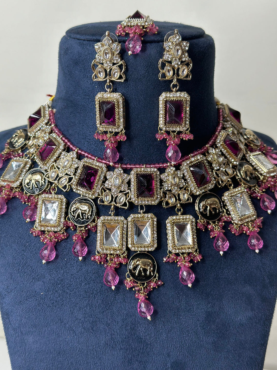 Izhaar Indian Polki Reverse AD L. Pink Color Necklace with Earrings Tikka / Wedding Jewelry/ Traditional Jewelry/Wedding set/Reverse Kavya