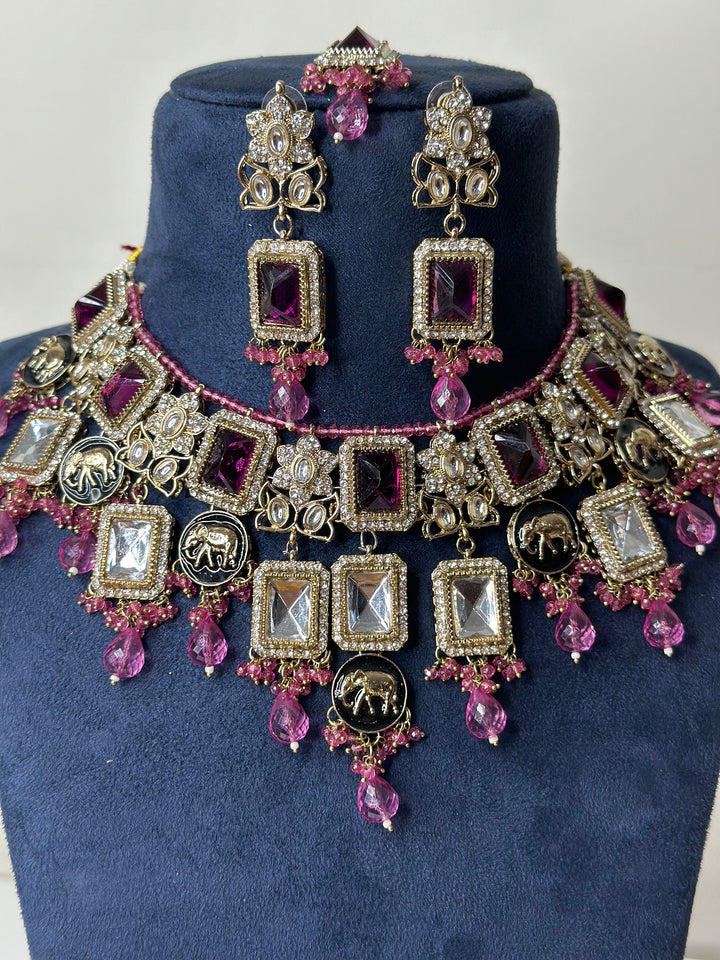 Izhaar Indian Polki Reverse AD L. Pink Color Necklace with Earrings Tikka / Wedding Jewelry/ Traditional Jewelry/Wedding set/Reverse Kavya