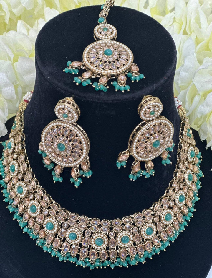 Izhaar Indian Polki Reverse AD L. Green Color Necklace with Earrings Tikka / Wedding Jewelry/ Traditional Jewelry/Wedding set/Reverse AD.