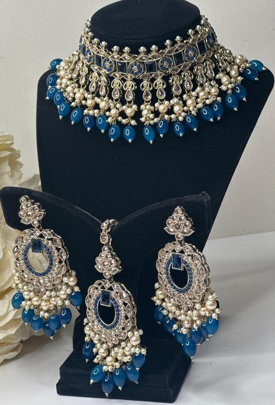 Izhaar blue Indian Polki Reverse AD Necklace with Earrings Tikka / Wedding Jewelry/ Traditional Jewelry/Wedding set/Reverse AD.
