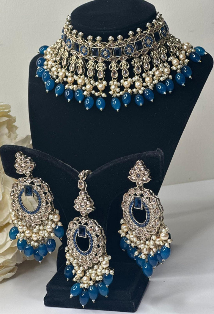 Izhaar blue Indian Polki Reverse AD Necklace with Earrings Tikka / Wedding Jewelry/ Traditional Jewelry/Wedding set/Reverse AD.