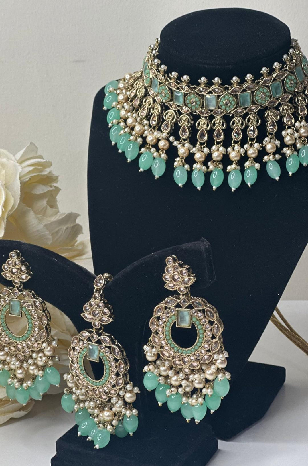 Izhaar Indian Polki Reverse AD Pista light green Necklace with Earrings Tikka / Wedding Jewelry/ Traditional Jewelry/Wedding set/Reverse AD.