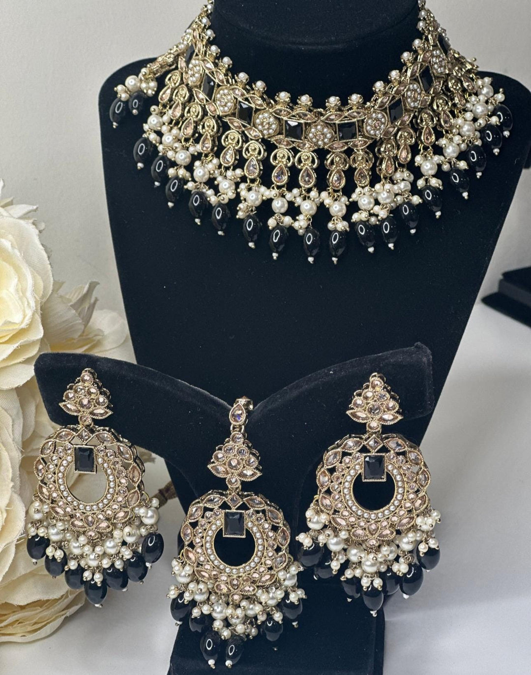 Izhaar Indian Polki Reverse AD black Necklace with Earrings Tikka / Wedding Jewelry/ Traditional Jewelry/Wedding set/Reverse AD.