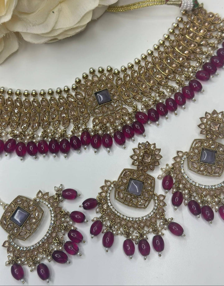 Izhaar Purple Color Indian Polki Reverse AD Necklace with Earrings Tikka / Wedding Jewelry/ Traditional Jewelry/Wedding set/Reverse AD.