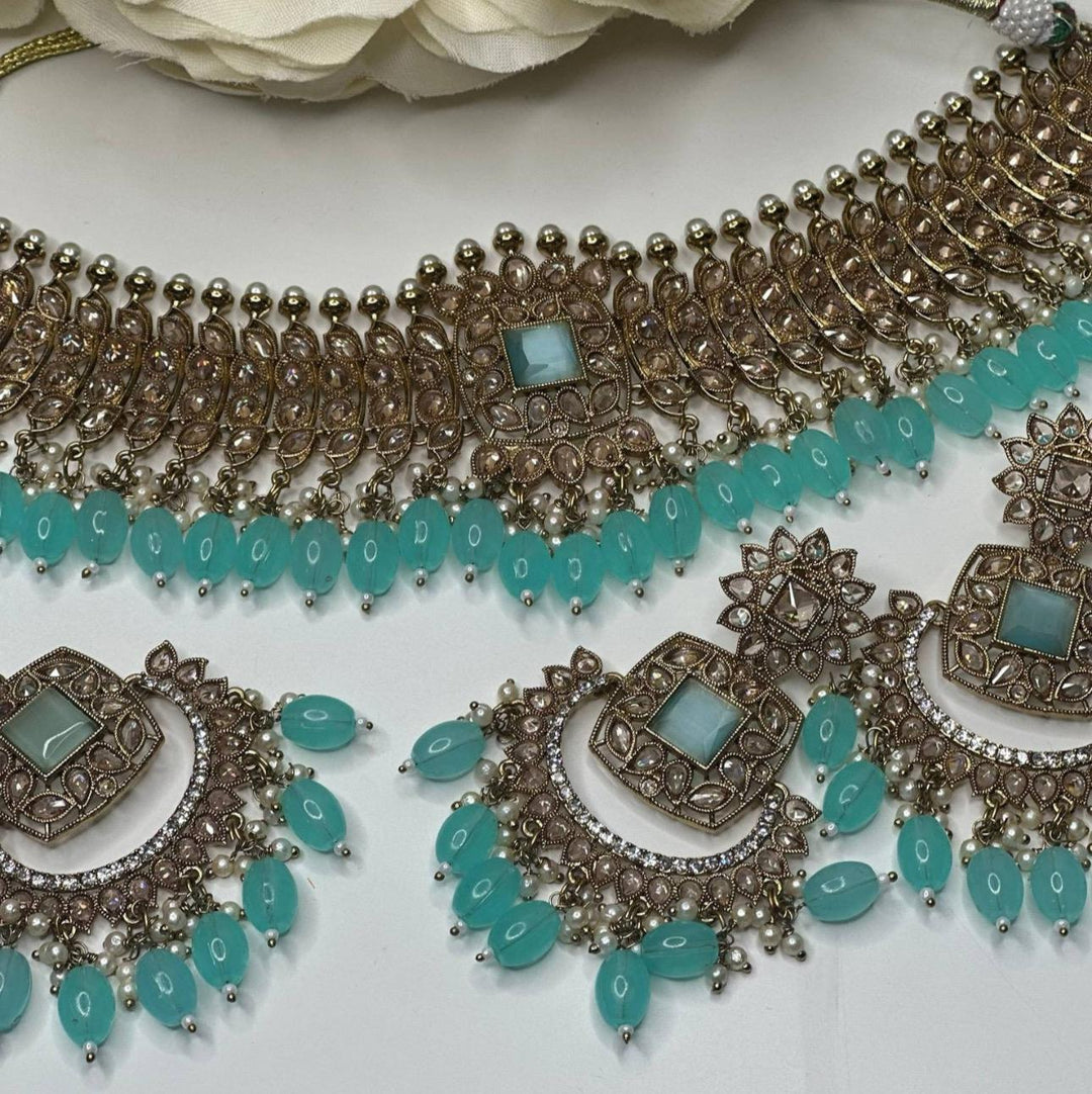 Izhaar Surf Color Indian Polki Reverse AD Necklace with Earrings Tikka / Wedding Jewelry/ Traditional Jewelry/Wedding set/Reverse AD.