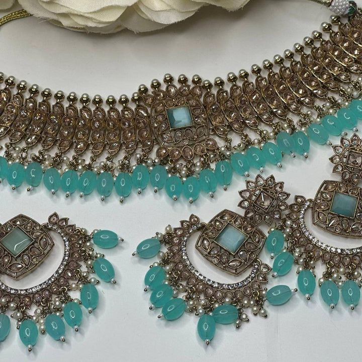 Izhaar Surf Color Indian Polki Reverse AD Necklace with Earrings Tikka / Wedding Jewelry/ Traditional Jewelry/Wedding set/Reverse AD.