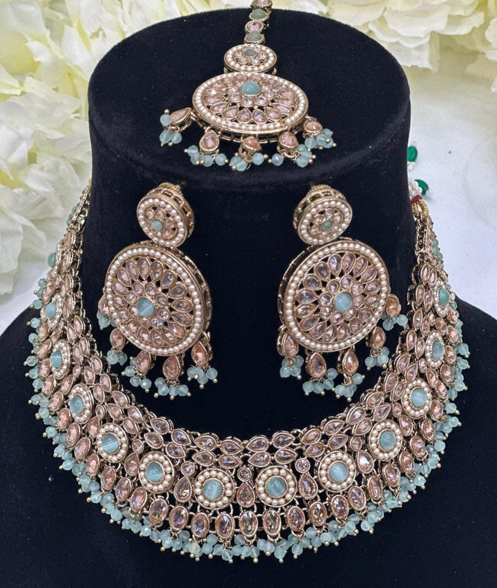 Izhaar Indian Polki Reverse AD Surf Color Necklace with Earrings Tikka / Wedding Jewelry/ Traditional Jewelry/Wedding set/Reverse AD.