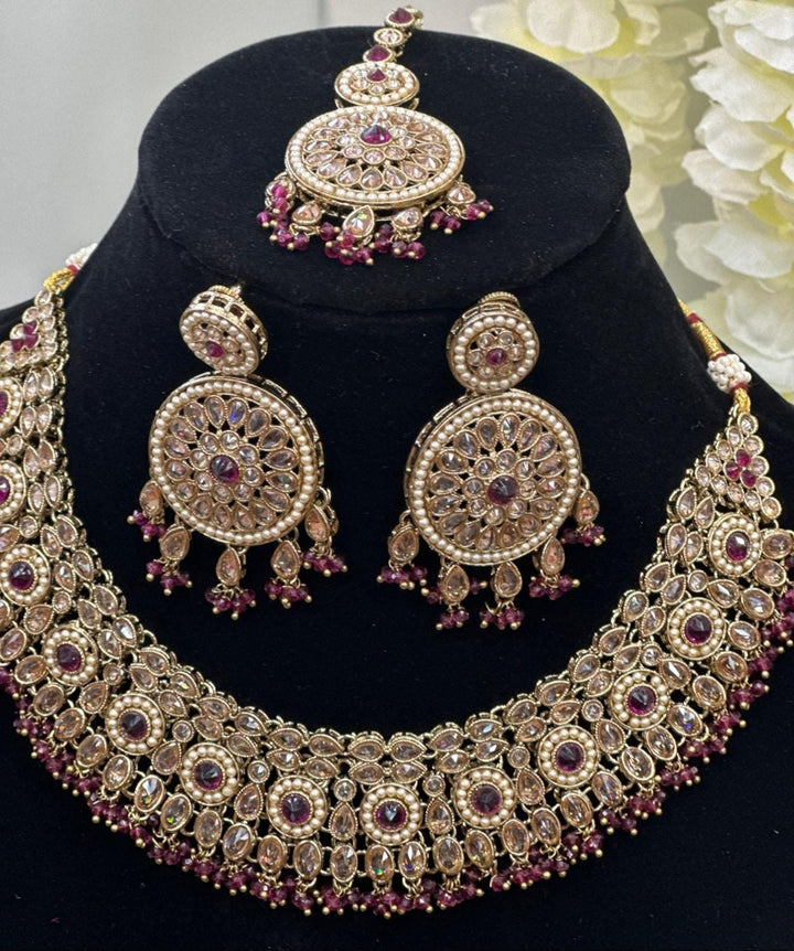 Izhaar Indian Polki Reverse AD Maroon Color Necklace with Earrings Tikka / Wedding Jewelry/ Traditional Jewelry/Wedding set/Reverse AD.