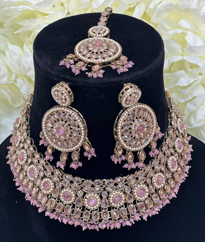 Izhaar Indian Polki Reverse AD Pink Color Necklace with Earrings Tikka / Wedding Jewelry/ Traditional Jewelry/Wedding set/Reverse AD.