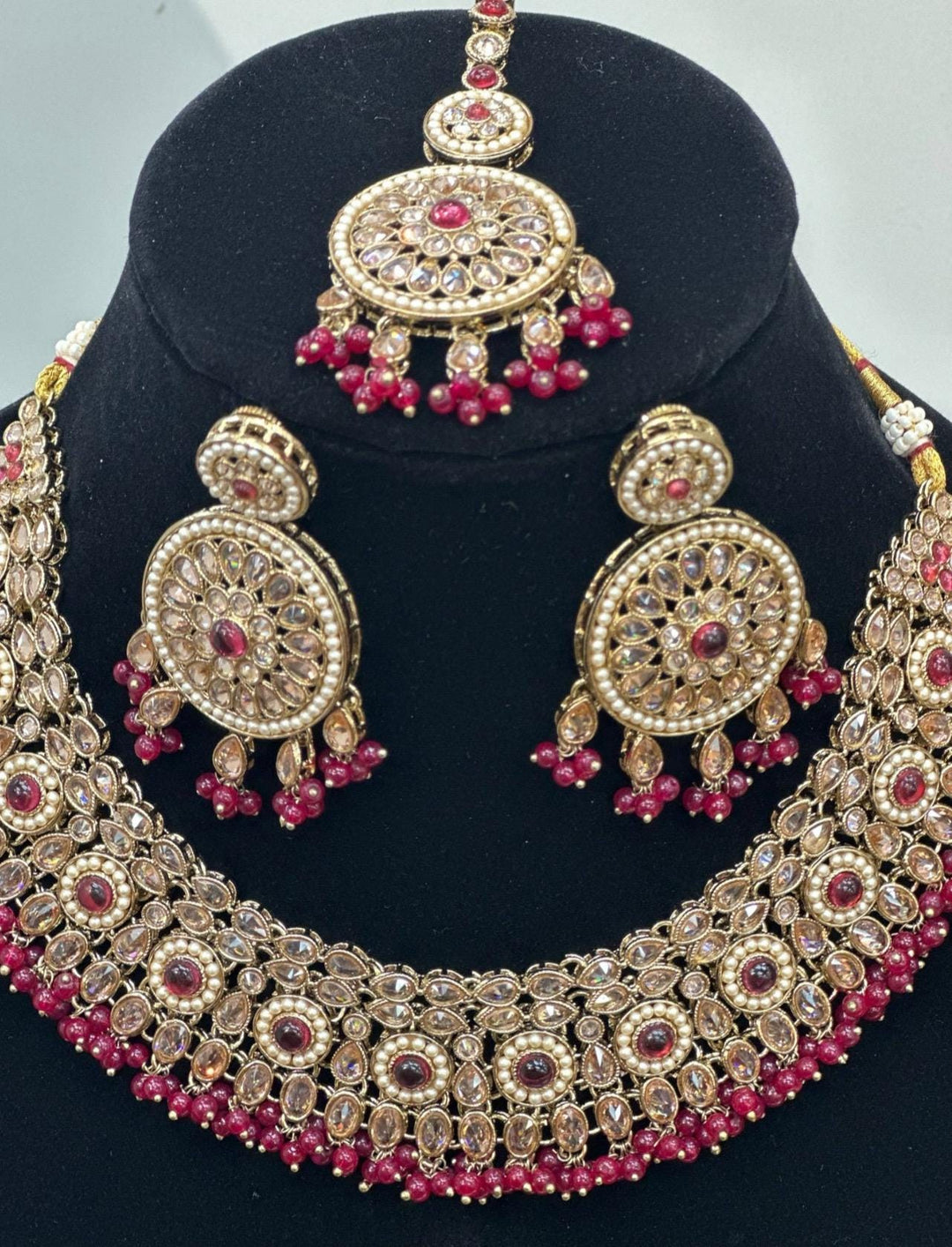 Izhaar Indian Polki Reverse AD D. Pink Color Necklace with Earrings Tikka / Wedding Jewelry/ Traditional Jewelry/Wedding set/Reverse AD.