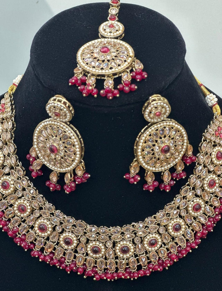 Izhaar Indian Polki Reverse AD D. Pink Color Necklace with Earrings Tikka / Wedding Jewelry/ Traditional Jewelry/Wedding set/Reverse AD.