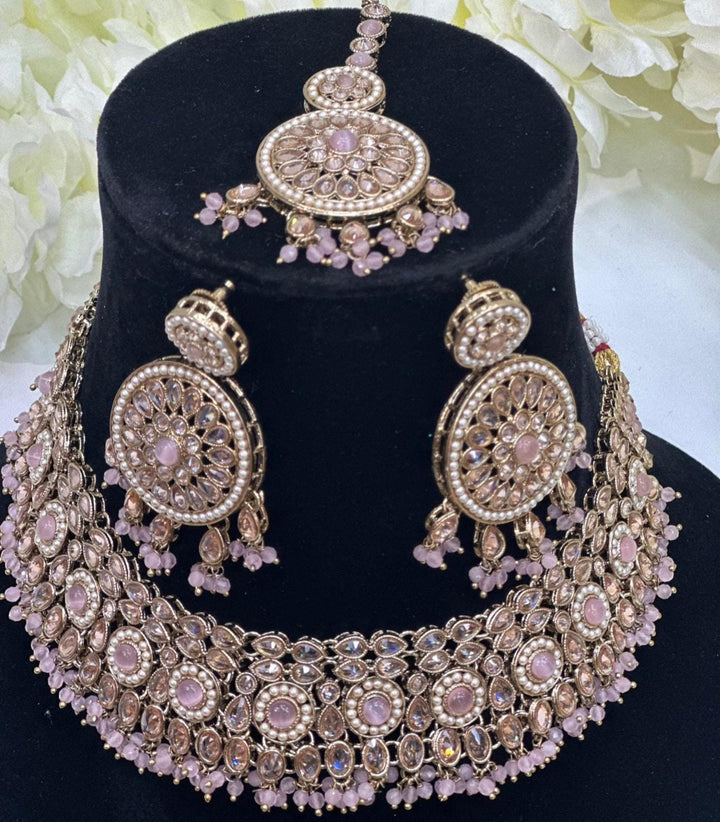 Izhaar Indian Polki Reverse AD B. Pink Color Necklace with Earrings Tikka / Wedding Jewelry/ Traditional Jewelry/Wedding set/Reverse AD.