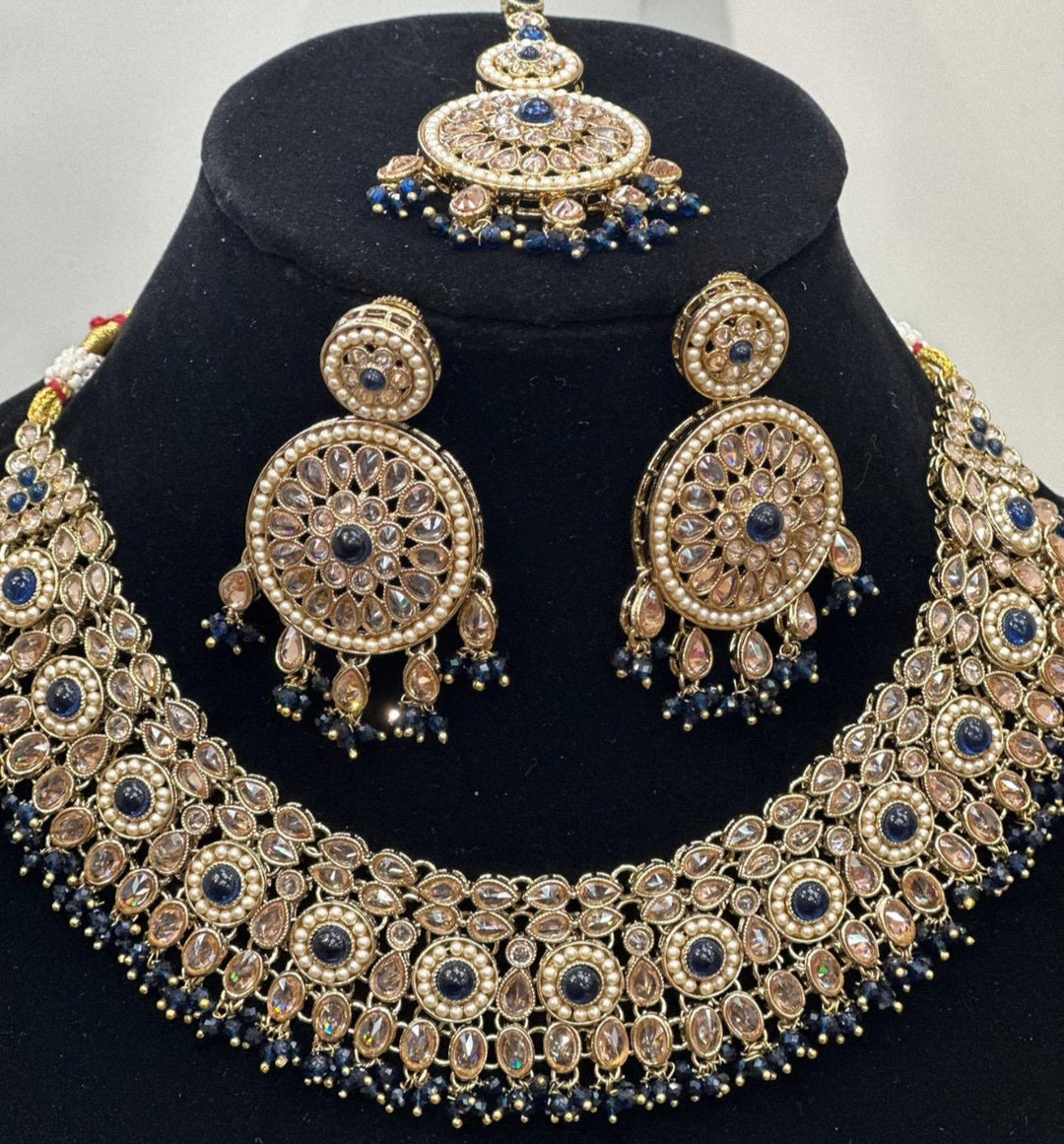Izhaar Indian Polki Reverse AD D. Blue Color Necklace with Earrings Tikka / Wedding Jewelry/ Traditional Jewelry/Wedding set/Reverse AD.
