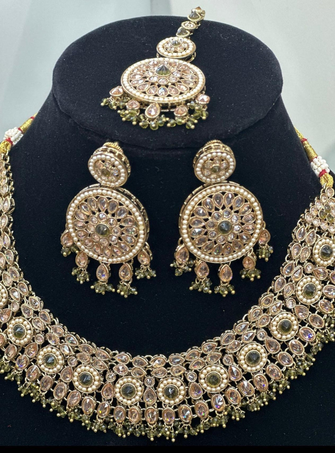 Izhaar Indian Polki Reverse AD Mehendi Color Necklace with Earrings Tikka / Wedding Jewelry/ Traditional Jewelry/Wedding set/Reverse AD.