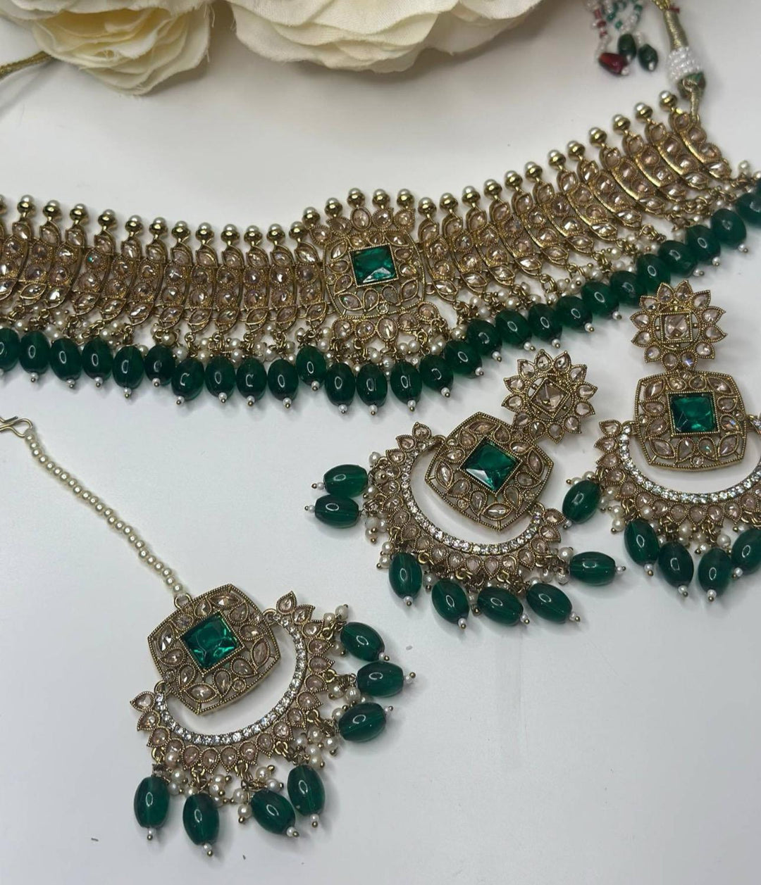 Izhaar Green Color Indian Polki Reverse AD Necklace with Earrings Tikka / Wedding Jewelry/ Traditional Jewelry/Wedding set/Reverse AD.