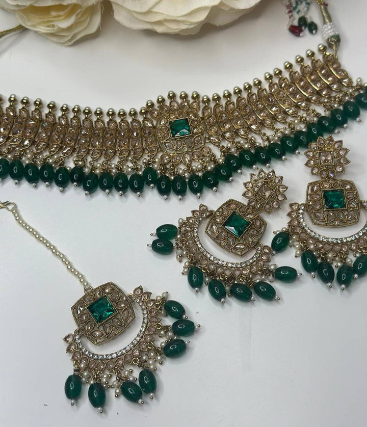 Izhaar Green Color Indian Polki Reverse AD Necklace with Earrings Tikka / Wedding Jewelry/ Traditional Jewelry/Wedding set/Reverse AD.