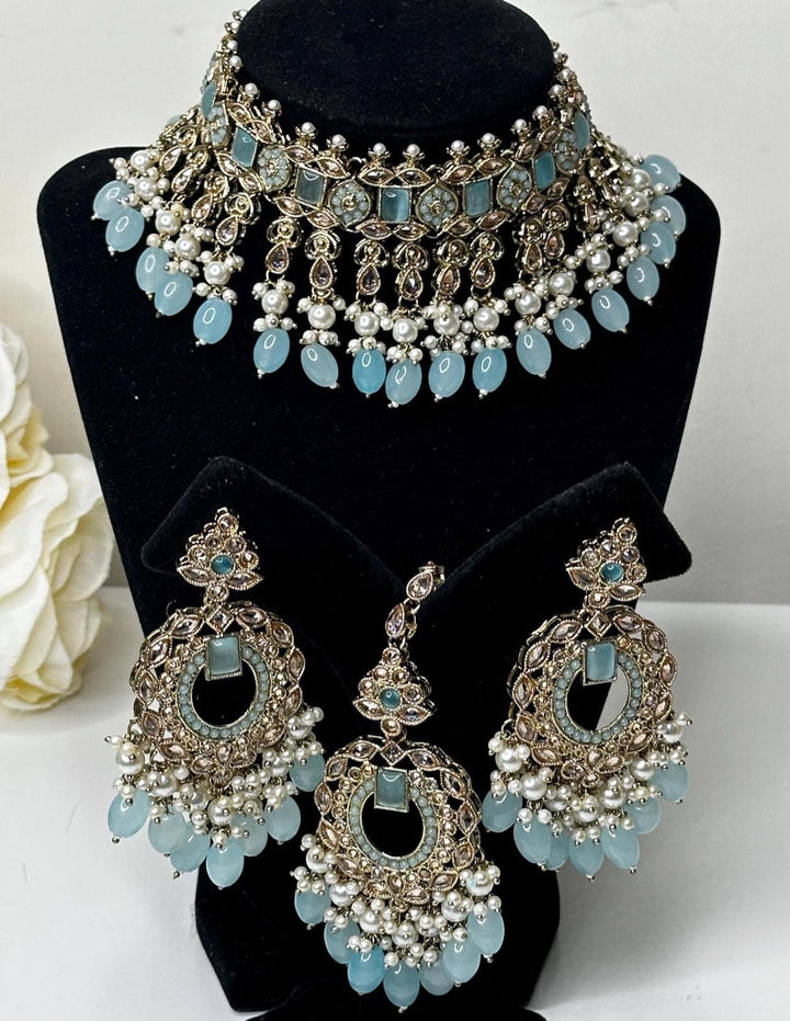 Izhaar firozi light blue Indian Polki Reverse AD Necklace with Earrings Tikka / Wedding Jewelry/ Traditional Jewelry/Wedding set/Reverse AD.